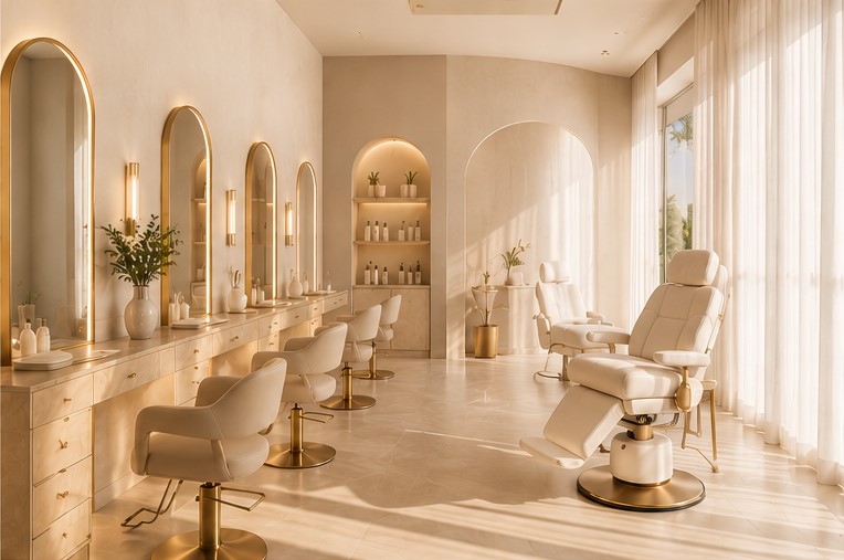 A refined beauty studio with pale stone and soft natural light