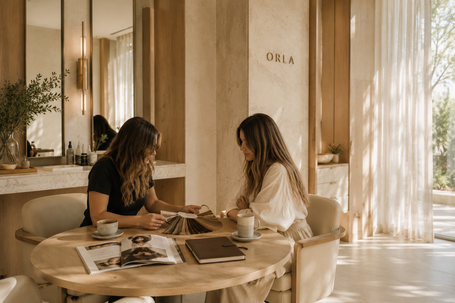 A stylist and client in quiet conversation at a round oak table with coffee, a notebook and professional hair color samples.