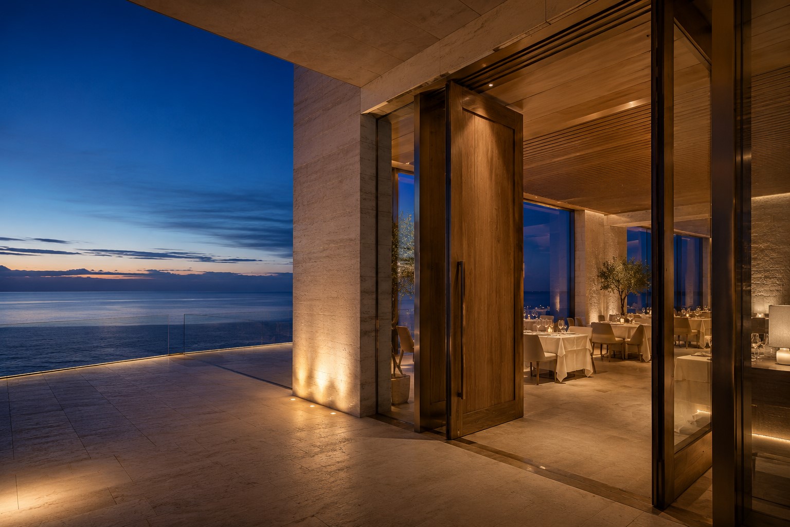 Oceanfront entrance to LIDO glowing warmly at blue hour